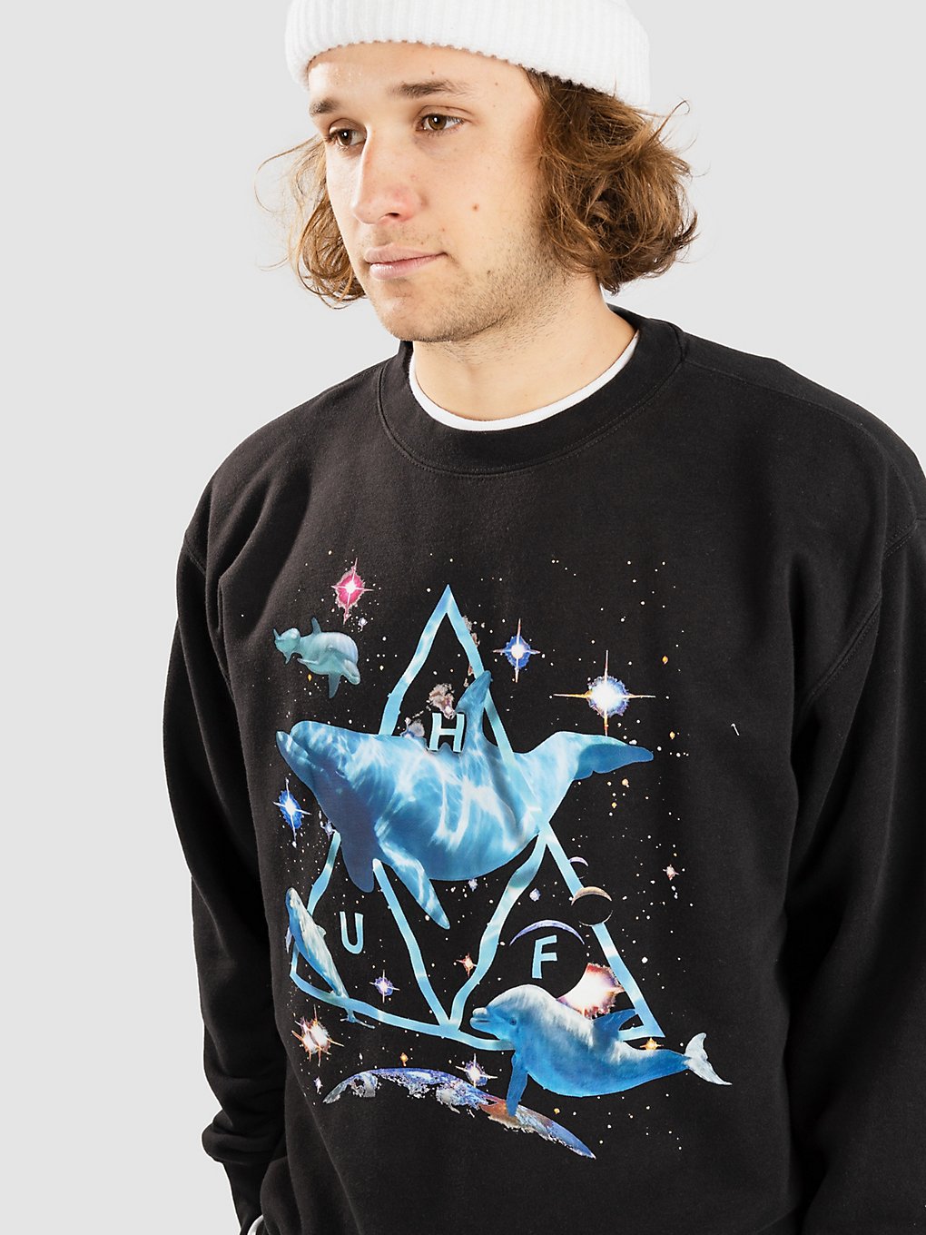 HUF Space Dolphins Wash Crewneck Trui zwart