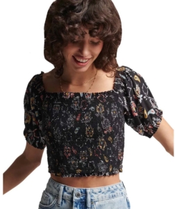 Superdry Vintage Smocked Crop Korte Mouw Top M Vrouw Olivia Paisley Floral