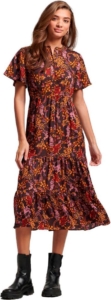 Superdry Printed Tiered Midi-jurk Met Korte Mouwen XS Vrouw Zwart