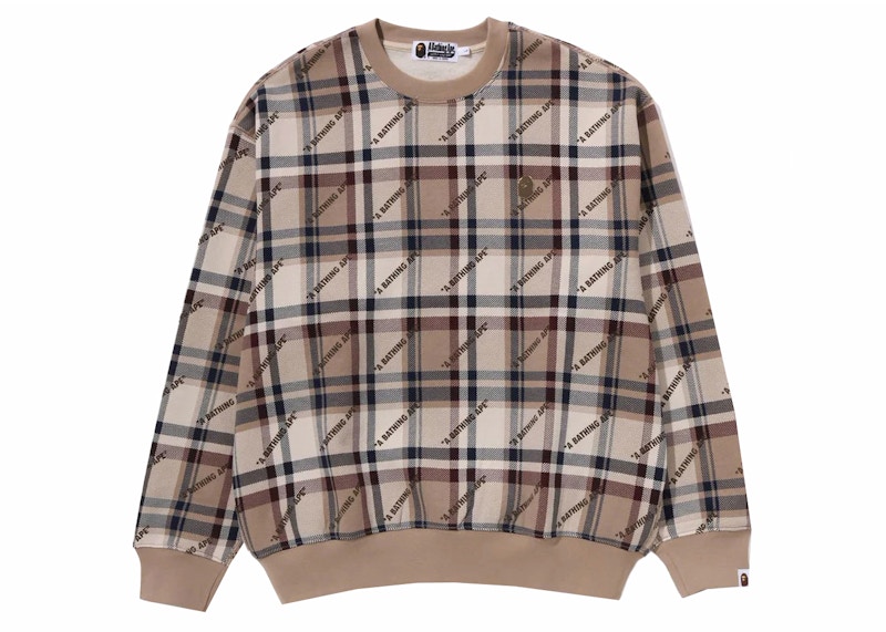 BAPE A Bathing Ape Logo Check Pattern Crewneck Beige