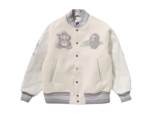 BAPE Line Camo Multi Logo Wool Varsity Jacket Ivory Wit