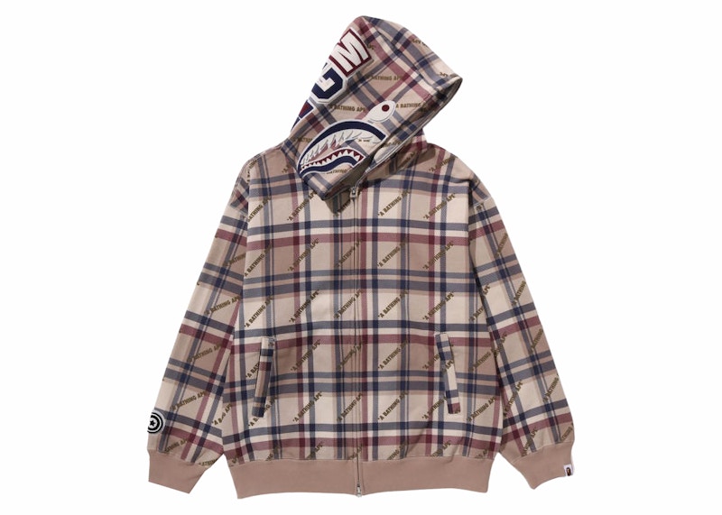 BAPE Logo Check Pattern Shark Full Zip Hoodie Beige