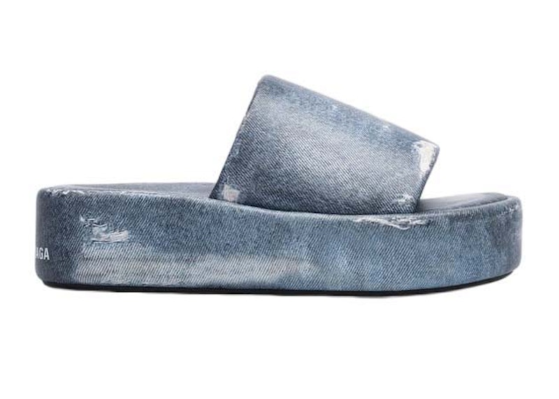 Balenciaga Rise Printed Leather Slippers Blauw