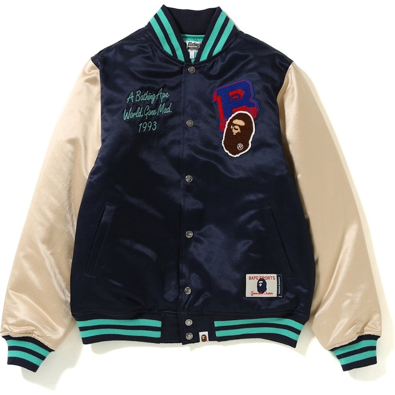 BAPE Multi Emblem Satin Varsity Jacket Blauw