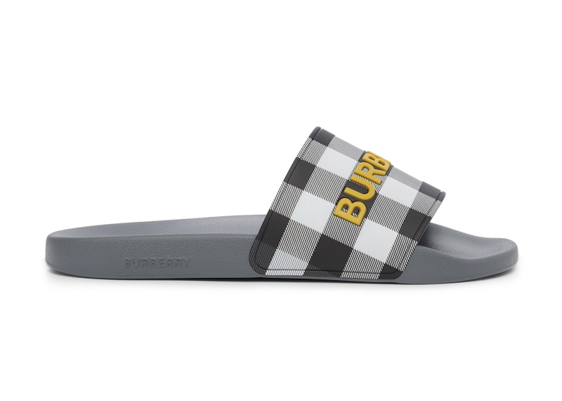 Burberry Logo Detail Check Slides Storm Grijs