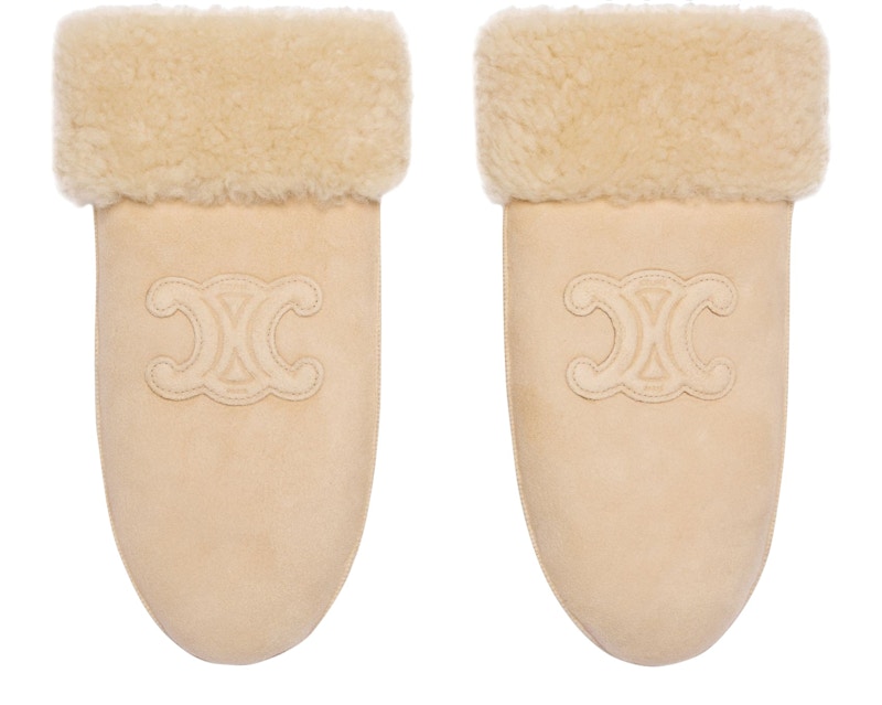Celine Shearling Triomphe Mittens Vanilla Creme