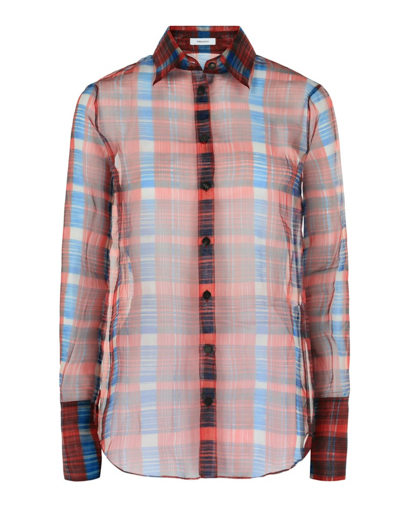 Ferragamo August Organza Check Button-Front Shirt Bone