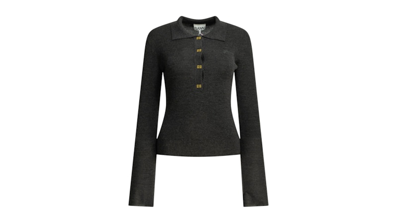 Ganni Logo Polo Sweater Grijs
