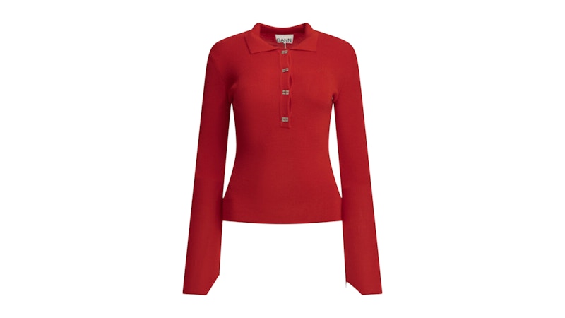 Ganni Merino Wool Polo Sweater Rood