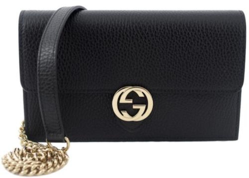 Gucci Interlocking Chain Wallet Pebbled Leather Zwart