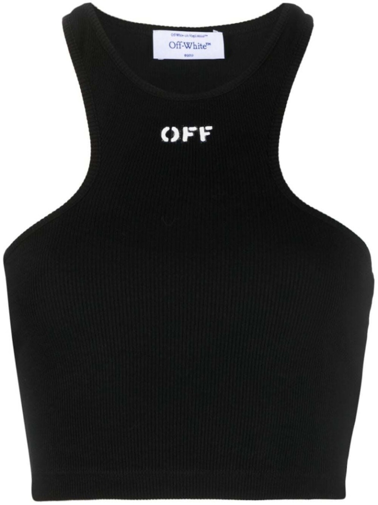 OFF- Logo-Print Ribbed-Knit Racerback Top Zwart