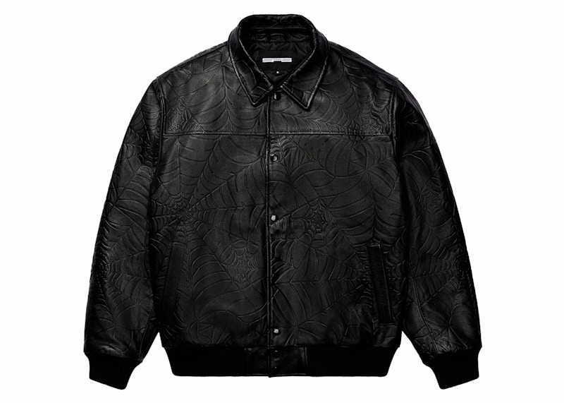 Sp5der Debossed Web Leather Jacket Zwart