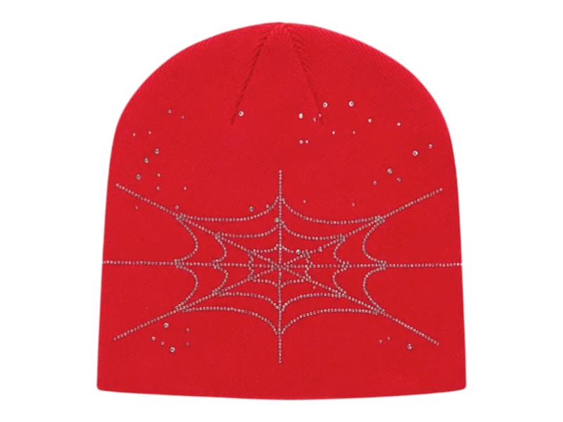 Sp5der Rhinestone Silk Skully Beanie Rood