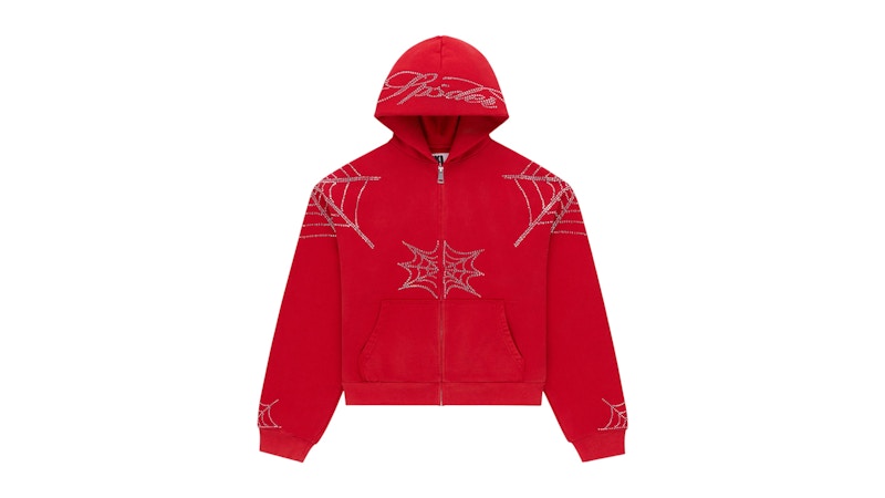 Sp5der Rhinestone Web Zip Hoodie Rood