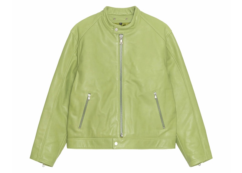 Stussy Cafe Racer Leather Jacket Lime Groen
