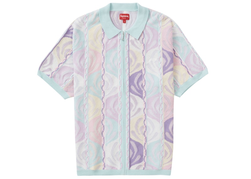 Supreme Abstract Textured Zip Up Polo Pale Blauw