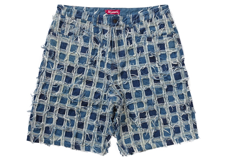 Supreme Frayed Patchwork Baggy Short Washed Blauw