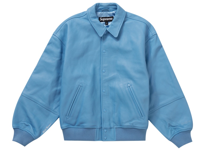 Supreme GORE-TEX Infinium WINDSTOPPER Leather Varsity Jacket Light Blauw