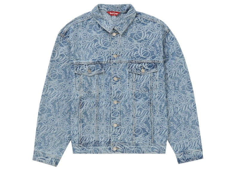 Supreme Script Jacquard Trucker Jacket Washed Blauw
