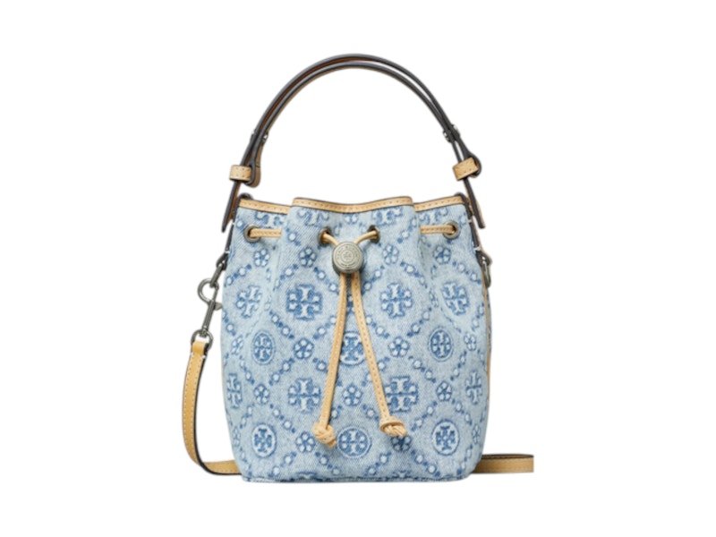 Tory Burch T Monogram Mini Bucket Bag Powder Blauw