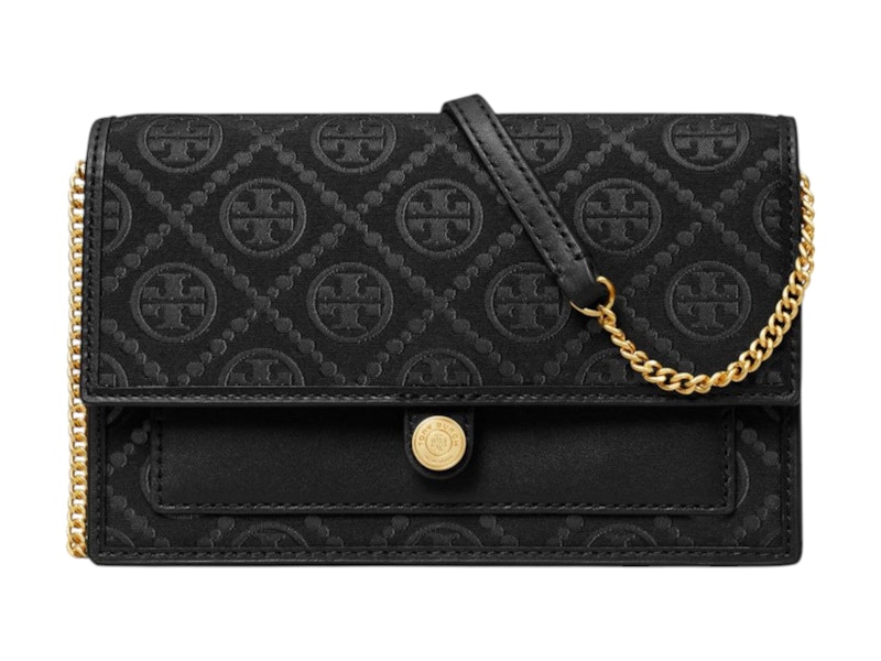 Tory Burch T Monogram Leather Chain Wallet Zwart